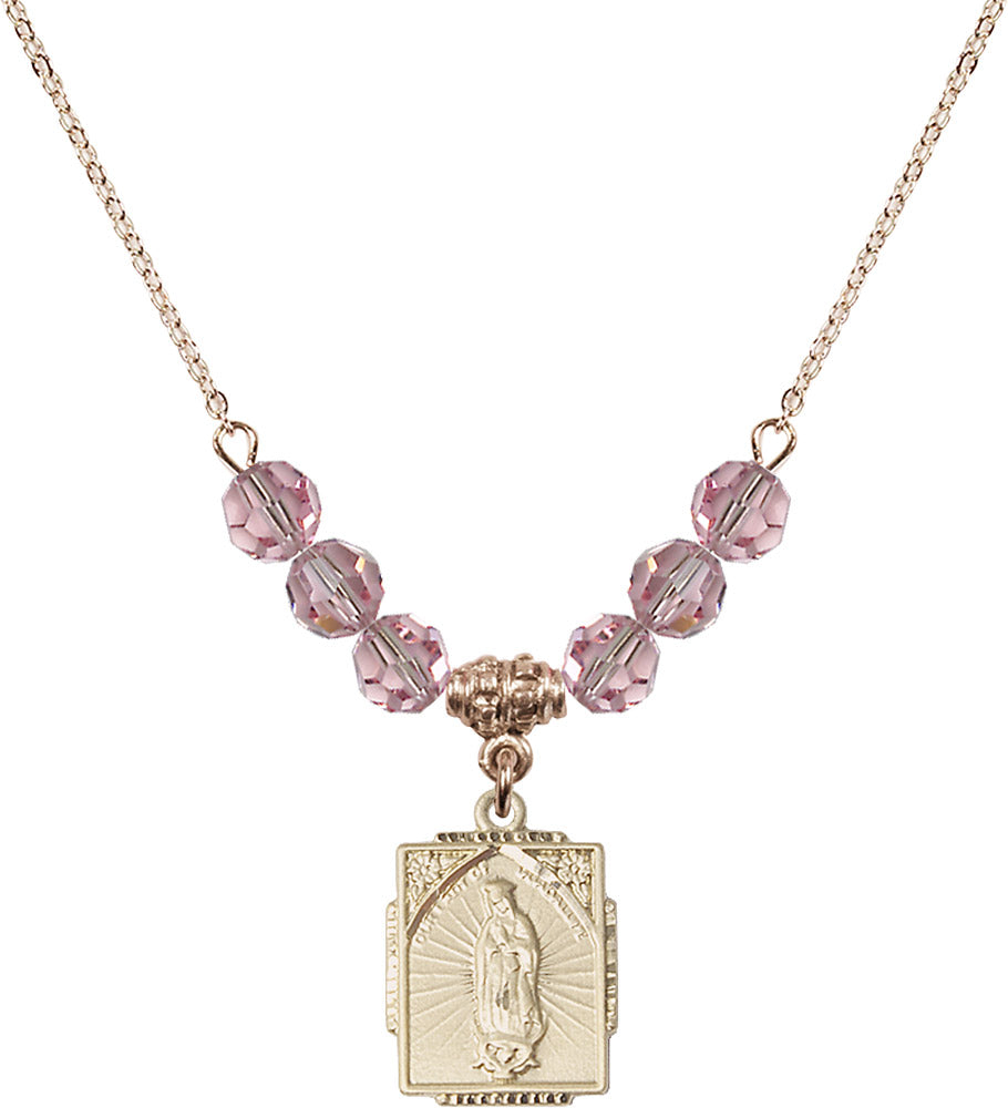 14kt Gold Filled Our Lady of Guadalupe Birthstone Necklace with Light Rose Beads - 0804