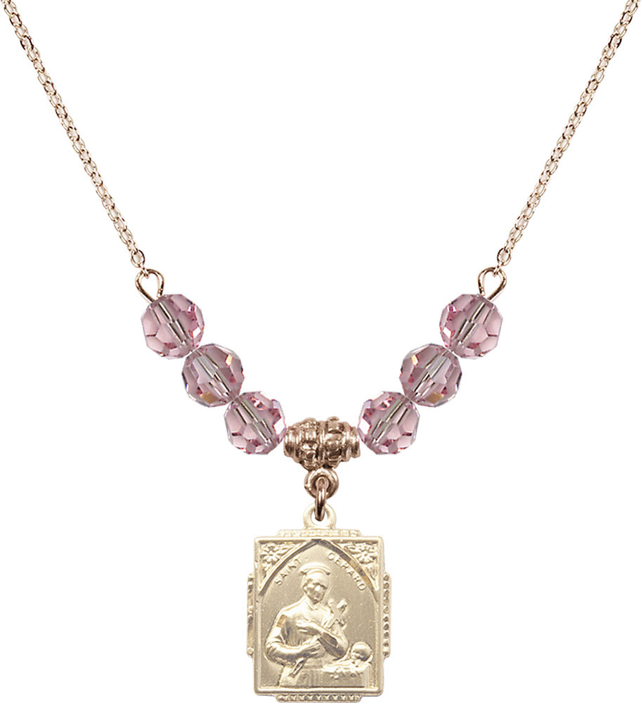 14kt Gold Filled Saint Gerard Birthstone Necklace with Light Rose Beads - 0804