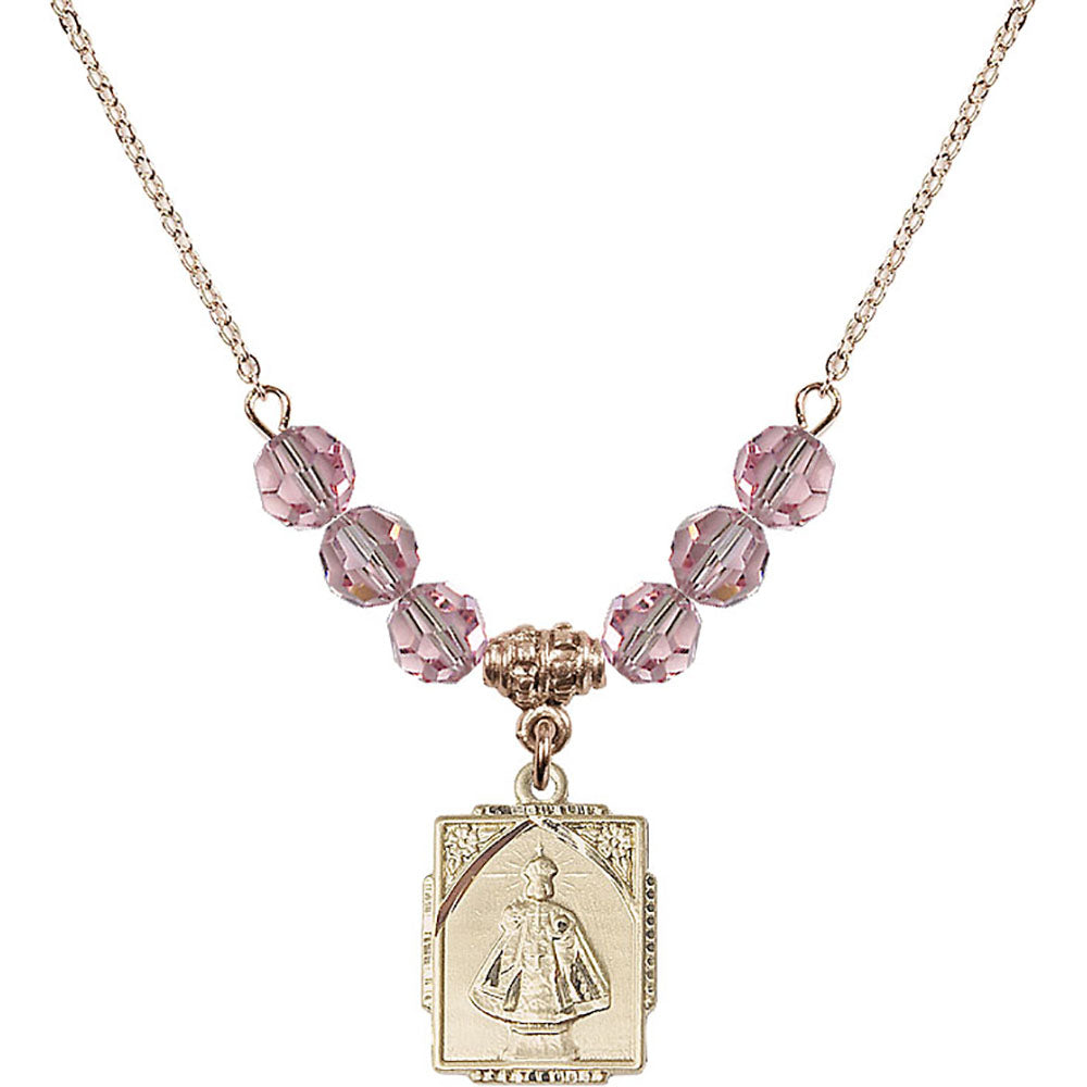 14kt Gold Filled Infant of Prague Birthstone Necklace with Light Rose Beads - 0804