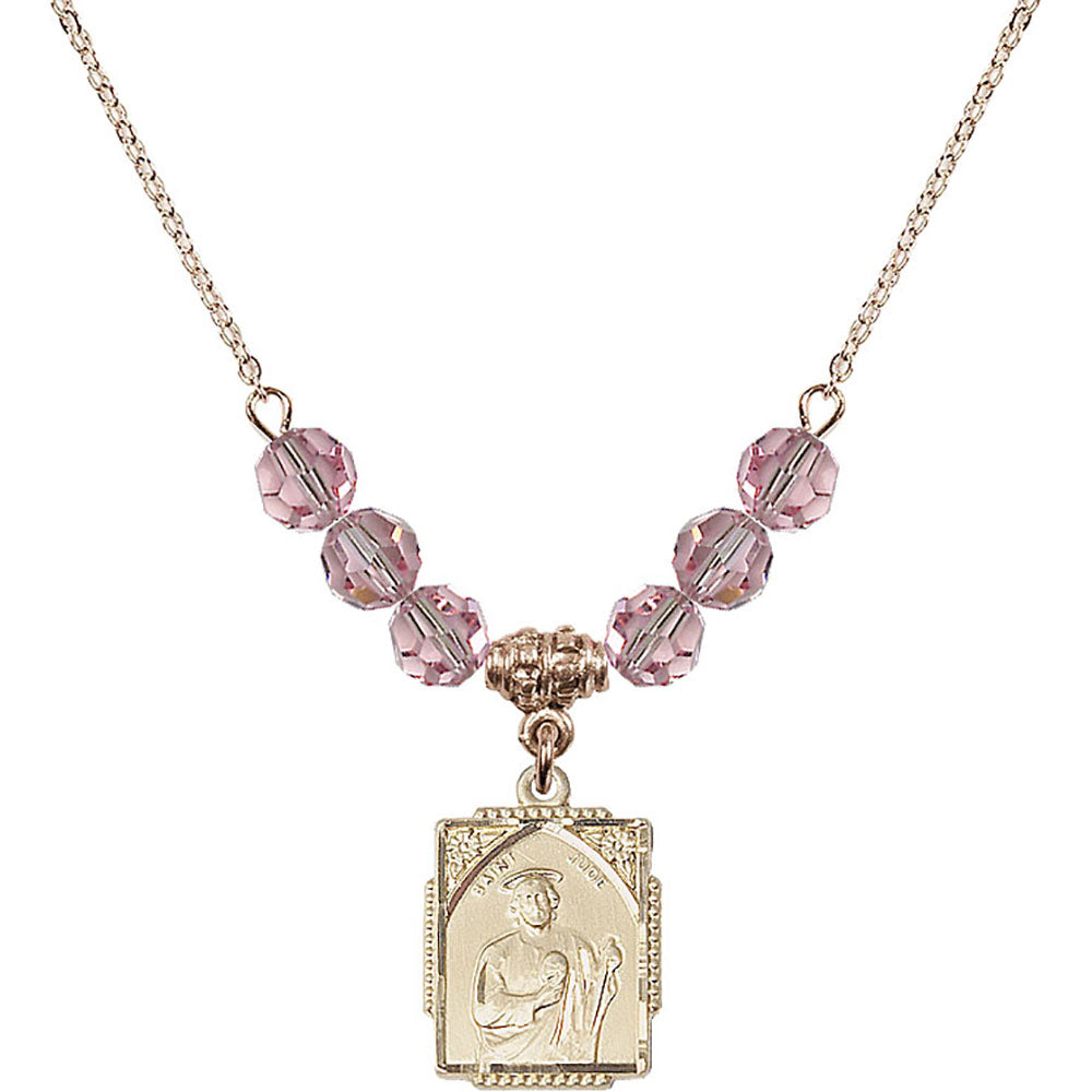 14kt Gold Filled Saint Jude Birthstone Necklace with Light Rose Beads - 0804
