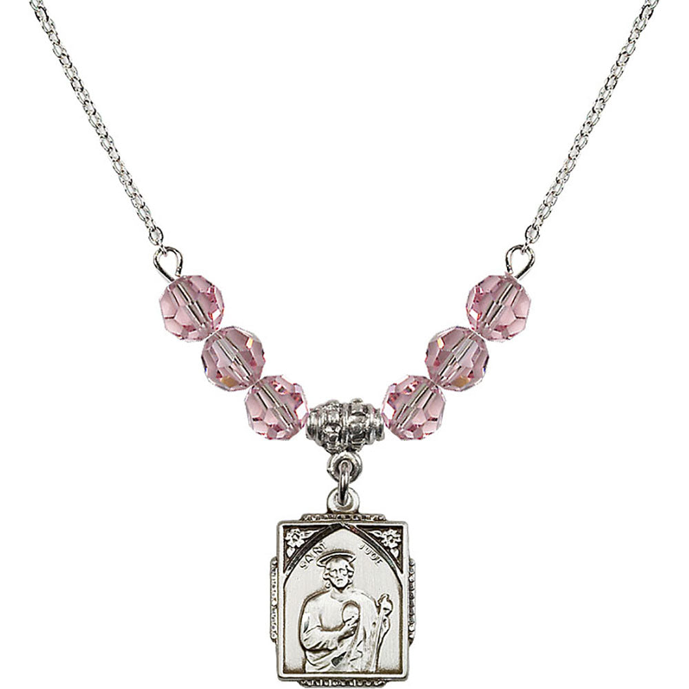 Sterling Silver Saint Jude Birthstone Necklace with Light Rose Beads - 0804