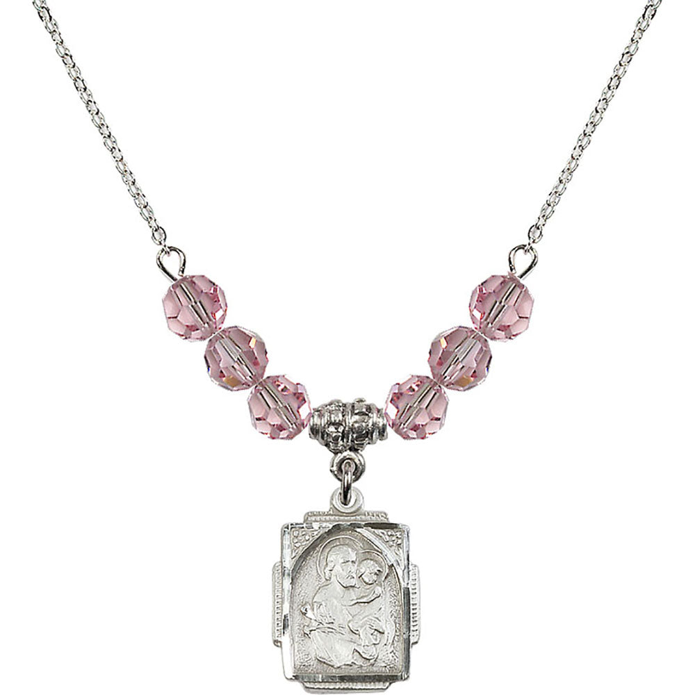 Sterling Silver Saint Joseph Birthstone Necklace with Light Rose Beads - 0804