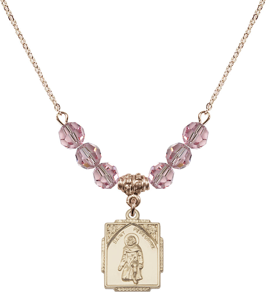 14kt Gold Filled Saint Peregrine Birthstone Necklace with Light Rose Beads - 0804