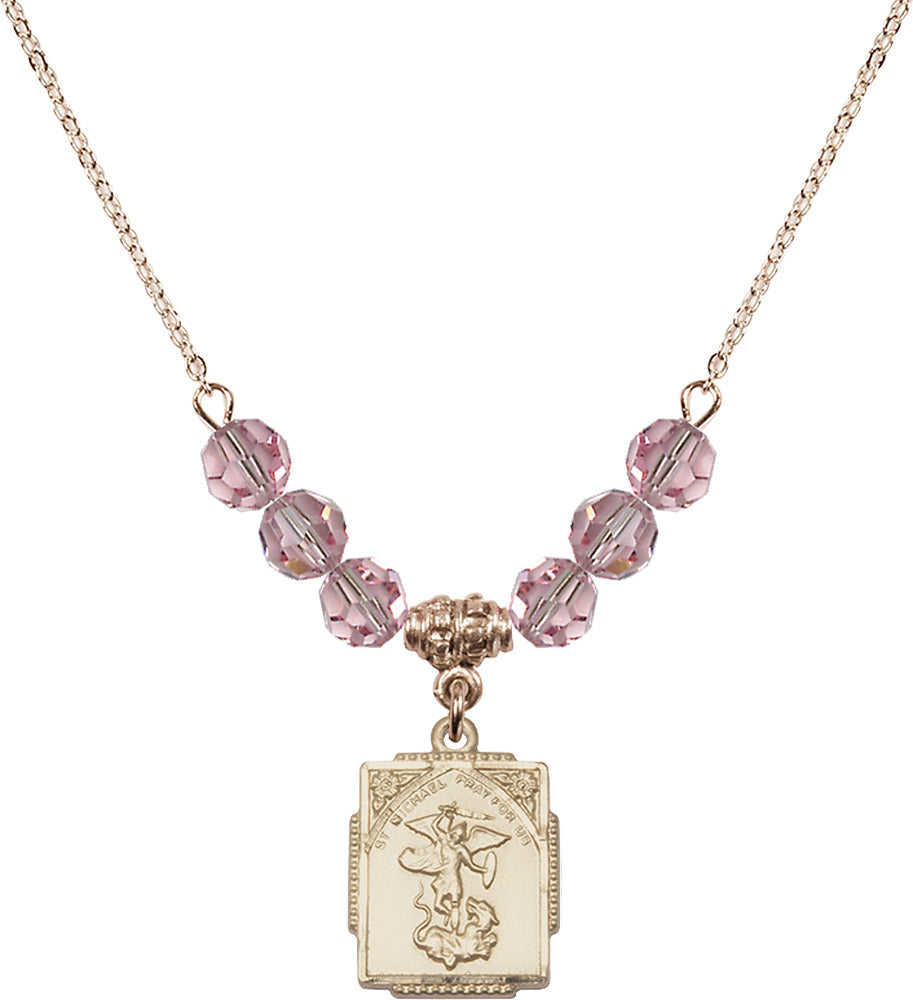 14kt Gold Filled Saint Michael the Archangel Birthstone Necklace with Light Rose Beads - 0804