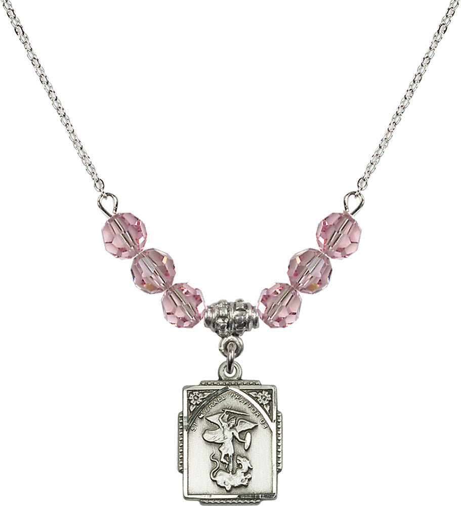 Sterling Silver Saint Michael the Archangel Birthstone Necklace with Light Rose Beads - 0804