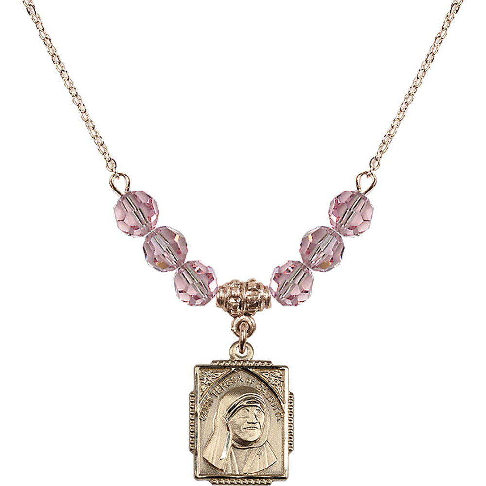 14kt Gold Filled Saint Teresa of Calcutta Birthstone Necklace with Light Rose Beads - 0804