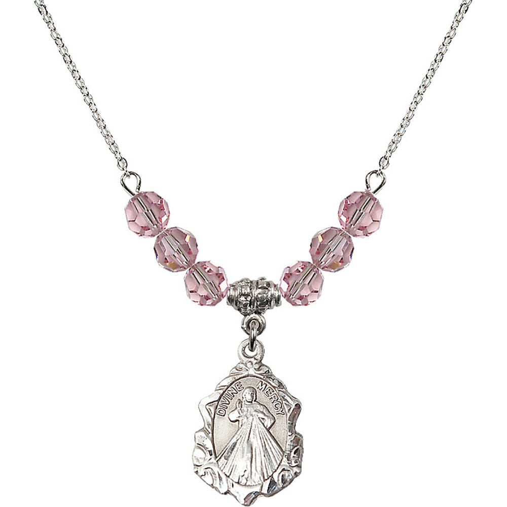 Sterling Silver Divine Mercy Birthstone Necklace with Light Rose Beads - 0822