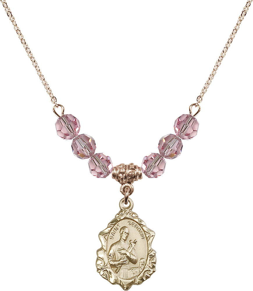 14kt Gold Filled Saint Gerard Birthstone Necklace with Light Rose Beads - 0822
