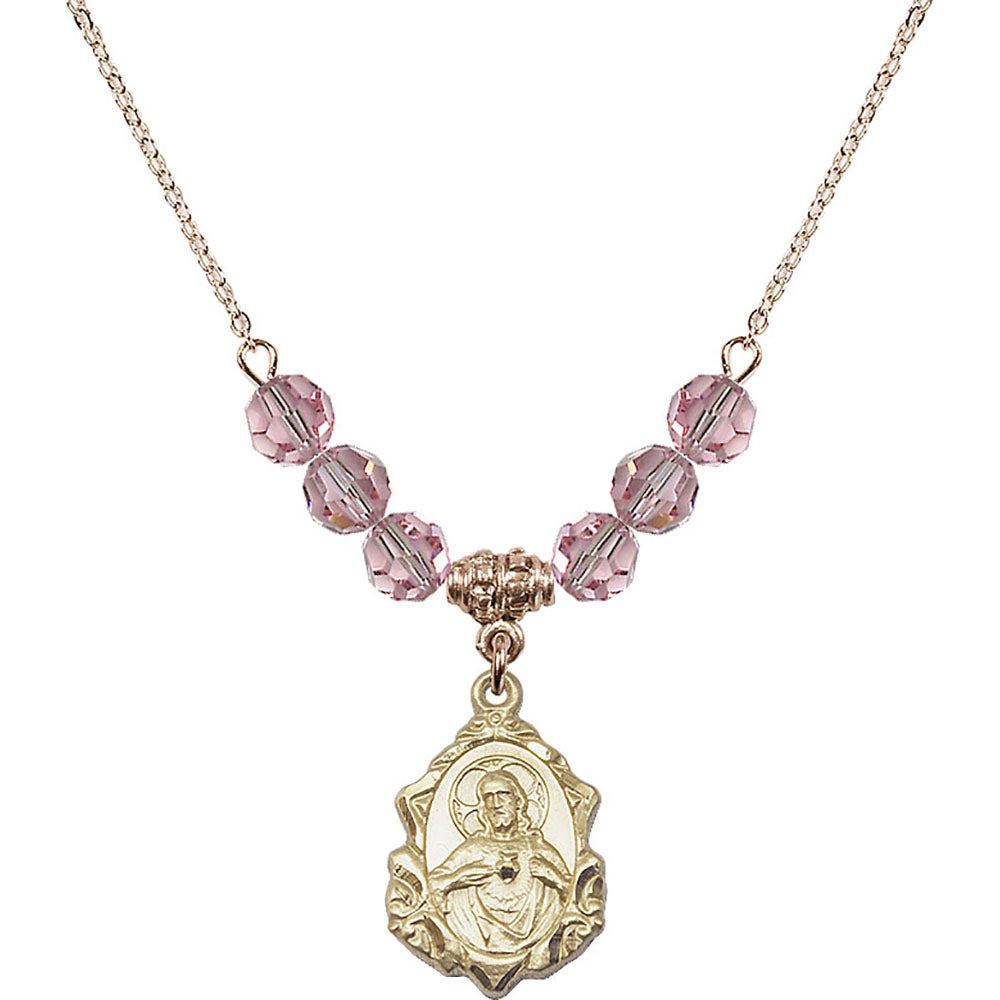 14kt Gold Filled Scapular Birthstone Necklace with Light Rose Beads - 0822