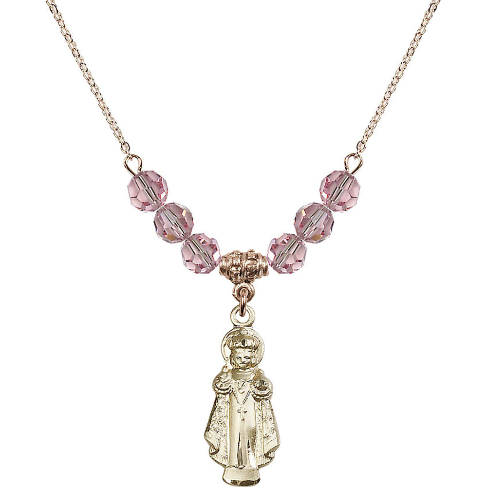 14kt Gold Filled Infant of Prague Birthstone Necklace with Light Rose Beads - 0824