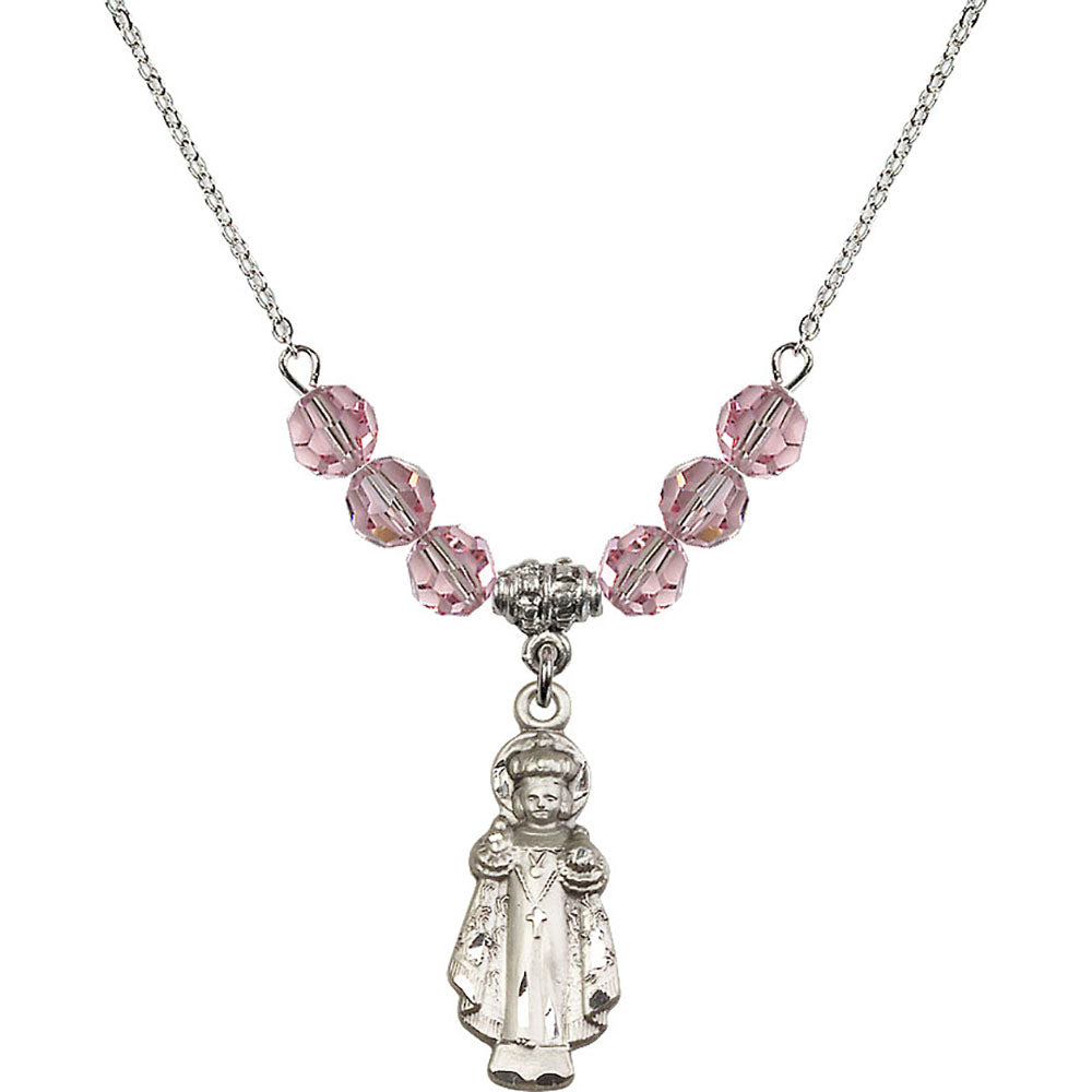 Sterling Silver Infant of Prague Birthstone Necklace with Light Rose Beads - 0824