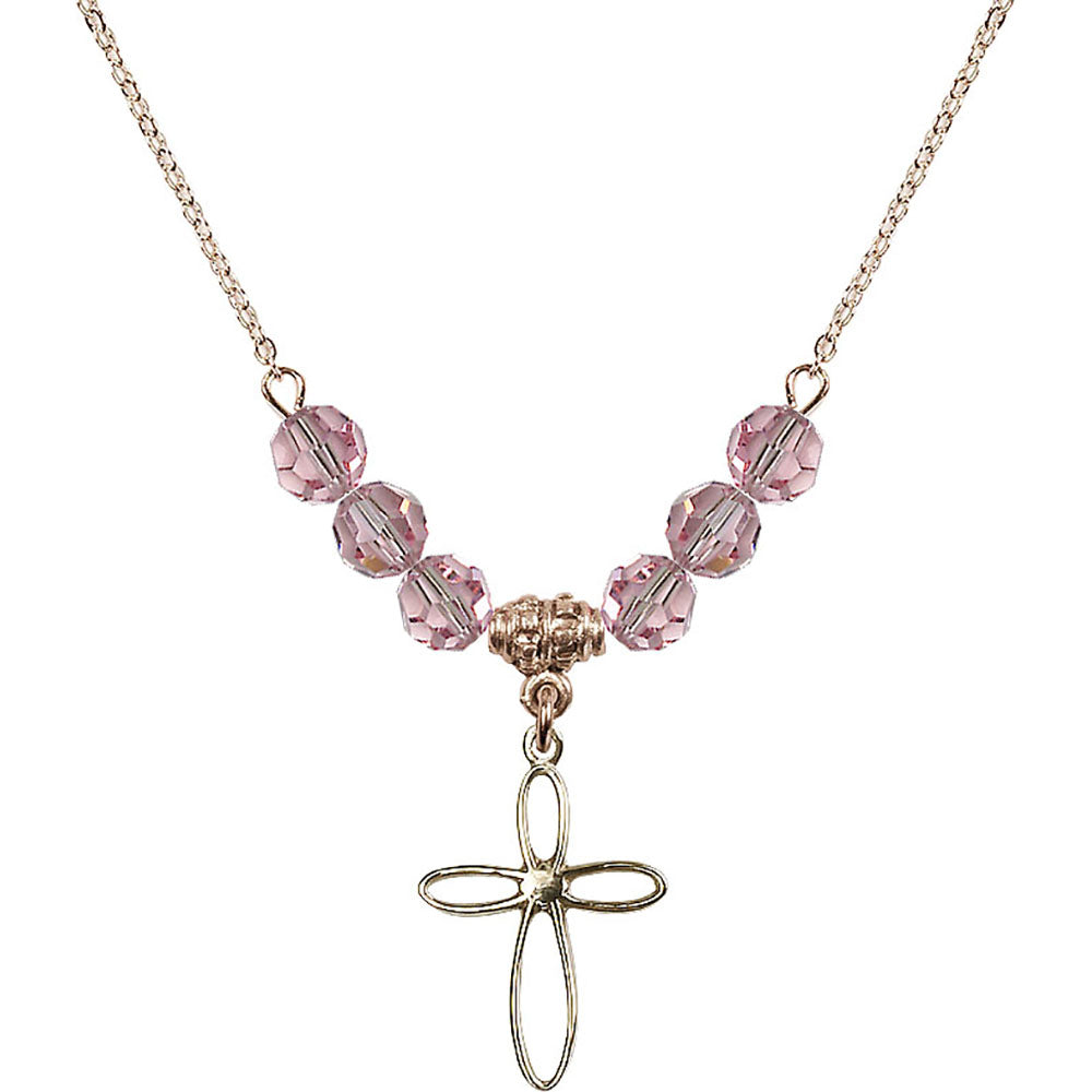 14kt Gold Filled Loop Cross Birthstone Necklace with Light Rose Beads - 1707