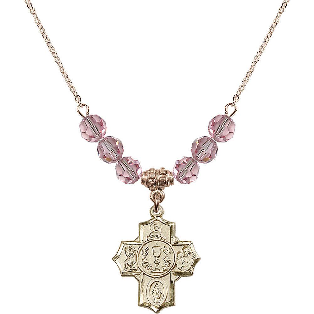 14kt Gold Filled Communion/5-Way Birthstone Necklace with Light Rose Beads - 2004