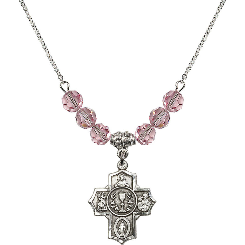 Sterling Silver Communion/5-Way Birthstone Necklace with Light Rose Beads - 2004