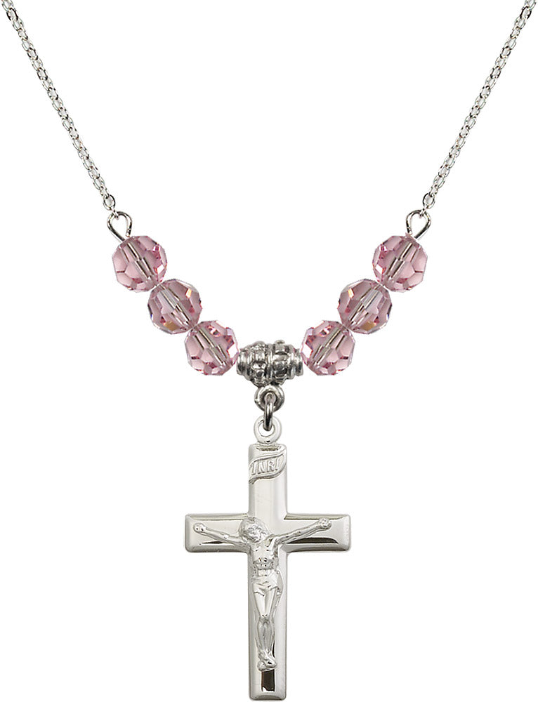 Sterling Silver Crucifix Birthstone Necklace with Light Rose Beads - 2191