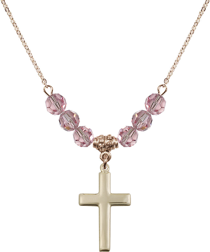 14kt Gold Filled Cross Birthstone Necklace with Light Rose Beads - 2195