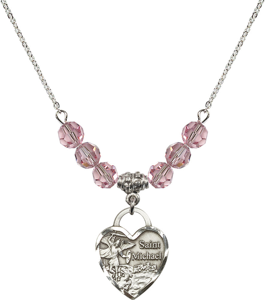Sterling Silver Saint Michael the Archangel Birthstone Necklace with Light Rose Beads - 3203