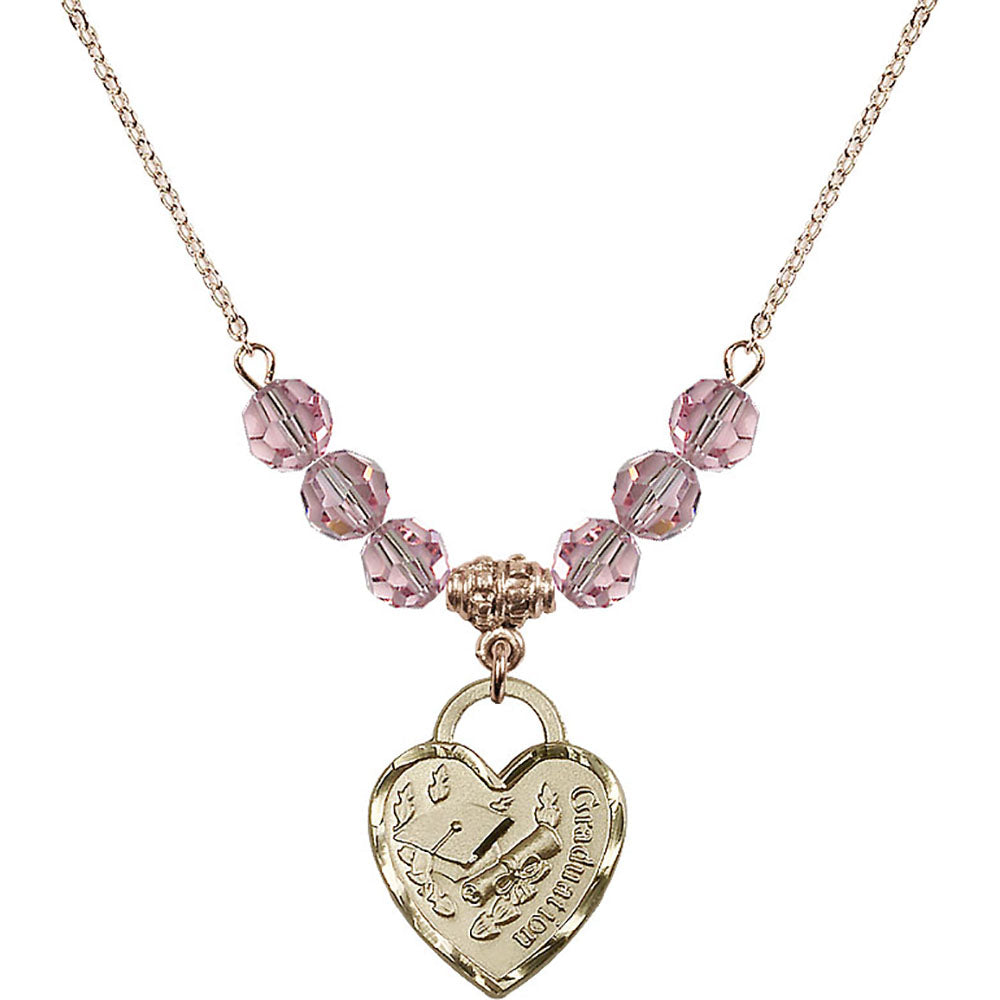 14kt Gold Filled Graduation Heart Birthstone Necklace with Light Rose Beads - 3206