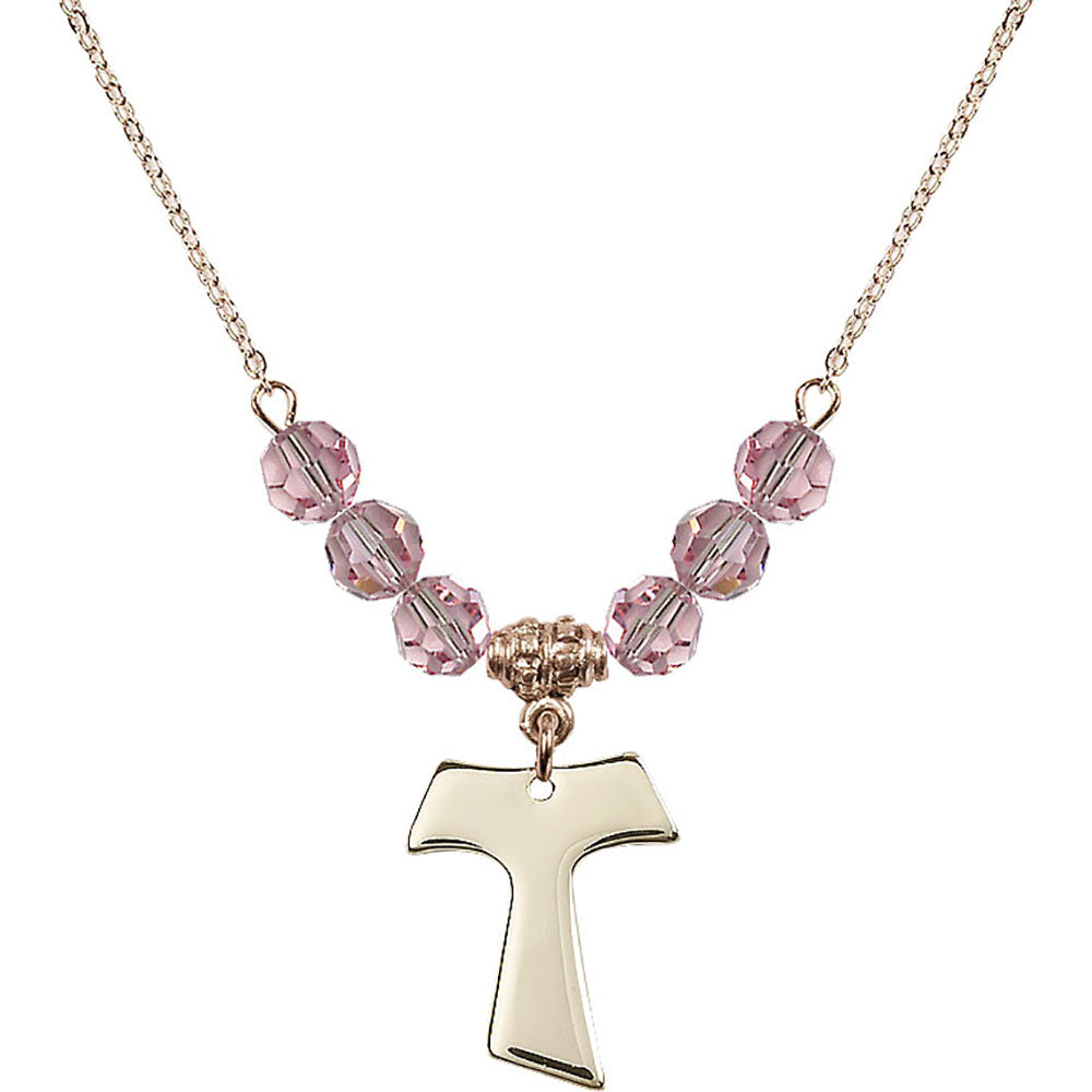 14kt Gold Filled Tau Cross Birthstone Necklace with Light Rose Beads - 3948