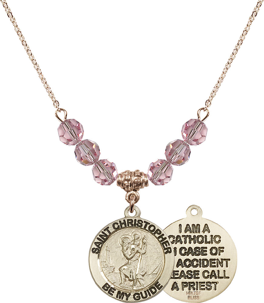 14kt Gold Filled Saint Christopher Birthstone Necklace with Light Rose Beads - 4049