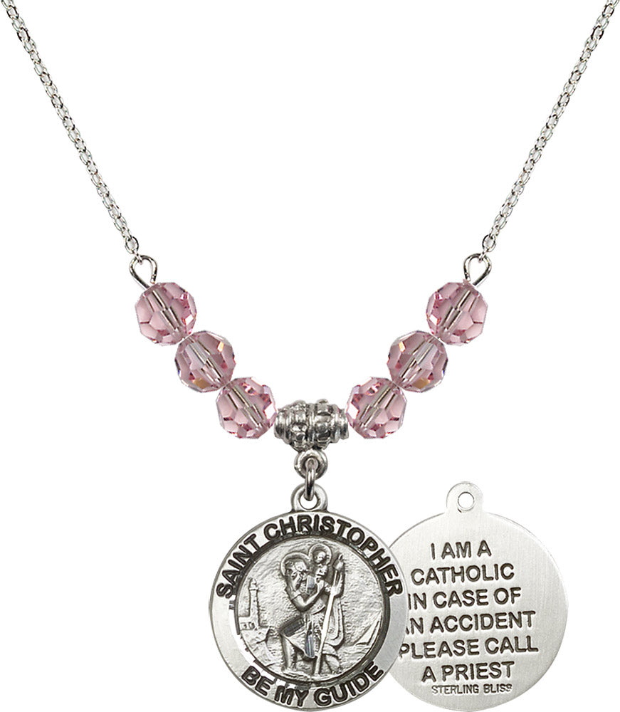 Sterling Silver Saint Christopher Birthstone Necklace with Light Rose Beads - 4049