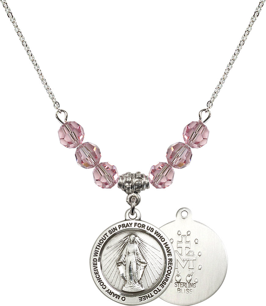 Sterling Silver Miraculous Birthstone Necklace with Light Rose Beads - 4056