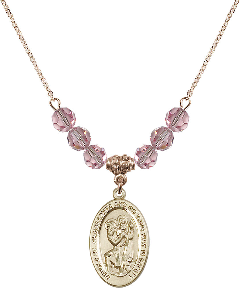 14kt Gold Filled Saint Christopher Birthstone Necklace with Light Rose Beads - 4123