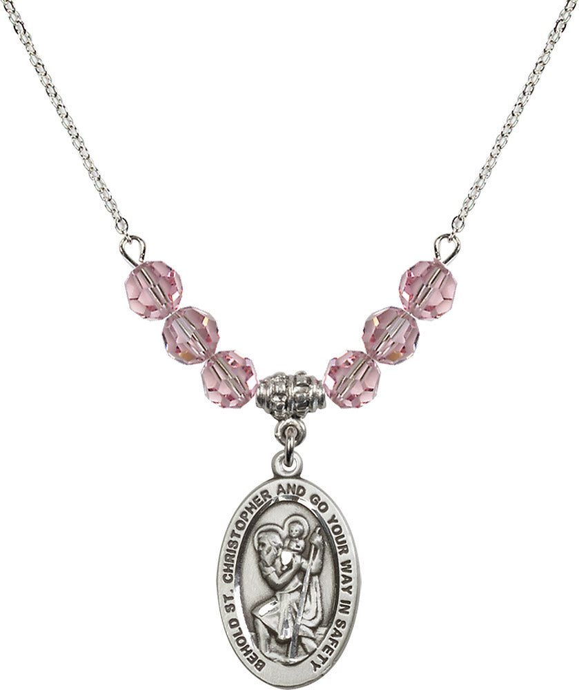 Sterling Silver Saint Christopher Birthstone Necklace with Light Rose Beads - 4123