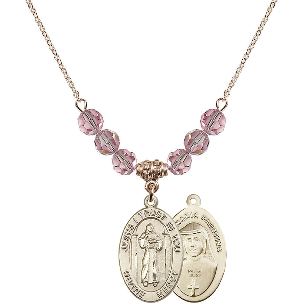 14kt Gold Filled Divine Mercy Birthstone Necklace with Light Rose Beads - 4123