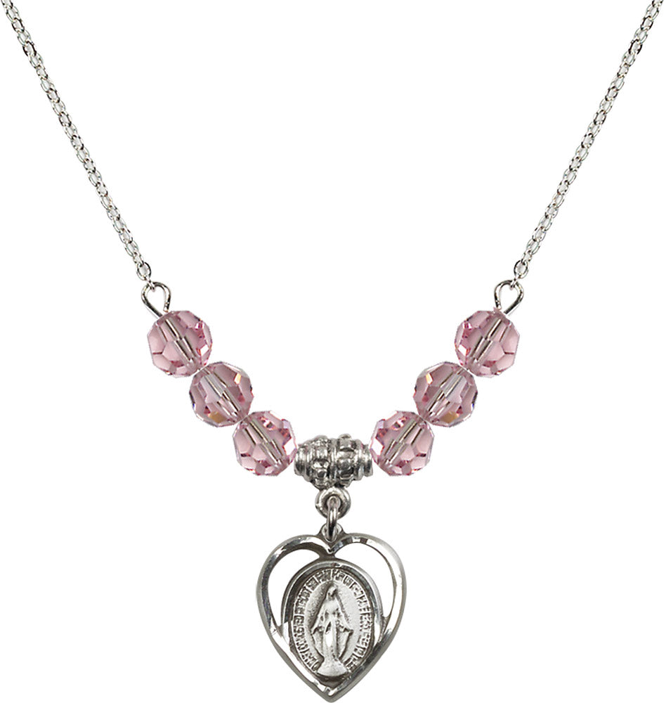 Sterling Silver Miraculous Birthstone Necklace with Light Rose Beads - 4125