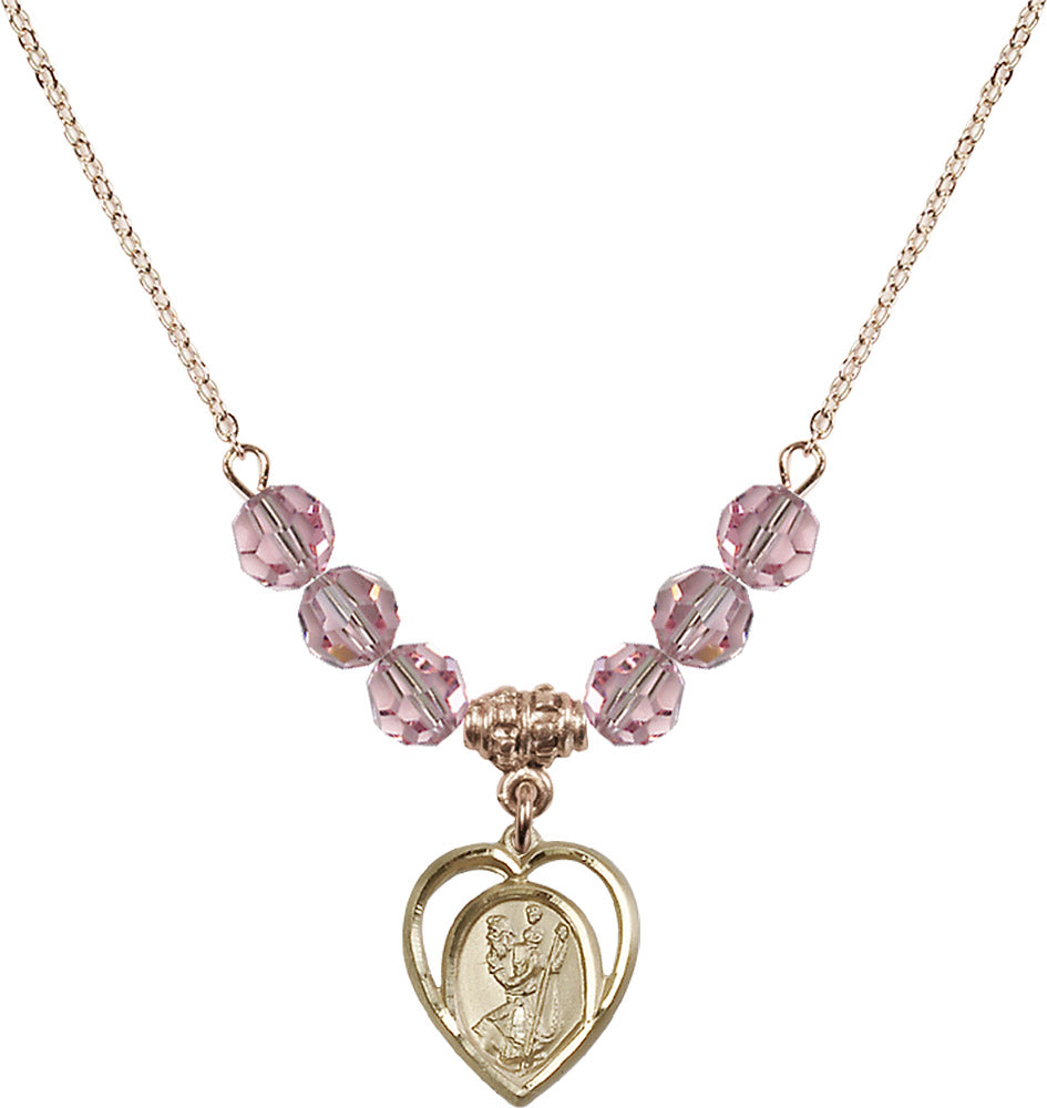14kt Gold Filled Saint Christopher Birthstone Necklace with Light Rose Beads - 4127