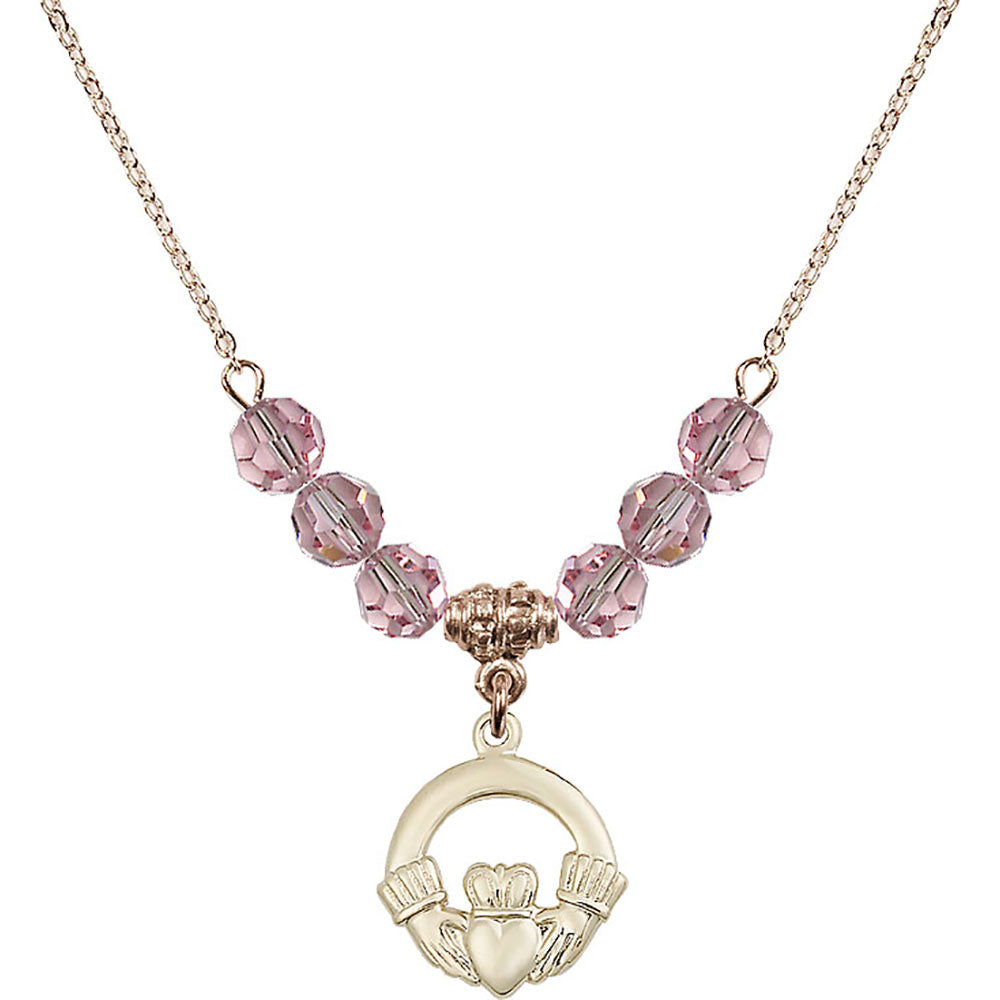 14kt Gold Filled Claddagh Birthstone Necklace with Light Rose Beads - 4138