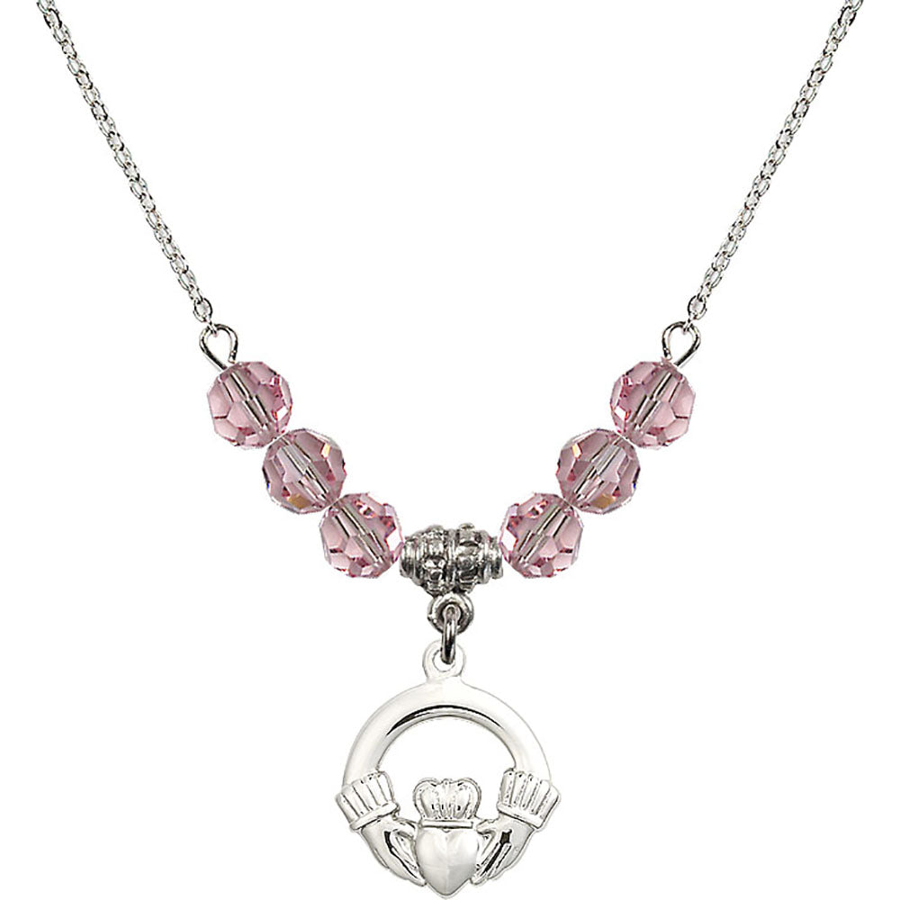 Sterling Silver Claddagh Birthstone Necklace with Light Rose Beads - 4138