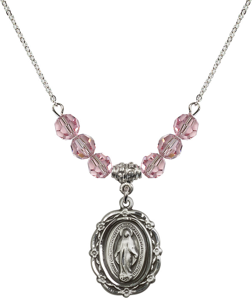 Sterling Silver Miraculous Birthstone Necklace with Light Rose Beads - 4146