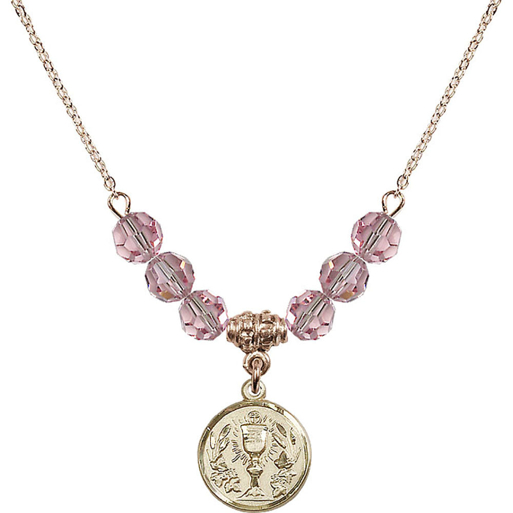 14kt Gold Filled Communion Chalice Birthstone Necklace with Light Rose Beads - 4203