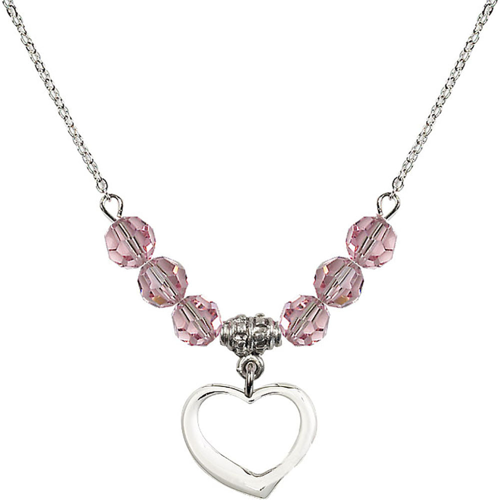Sterling Silver Heart Birthstone Necklace with Light Rose Beads - 4208