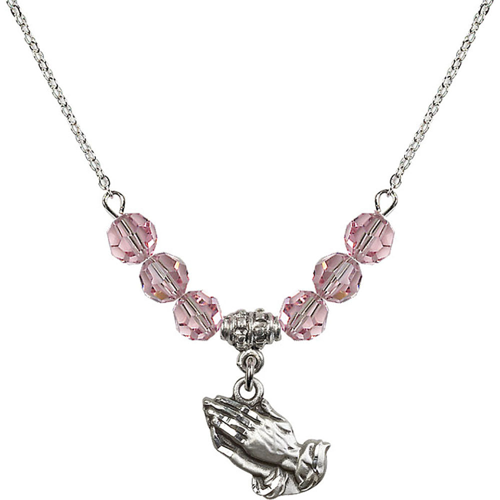 Sterling Silver Praying Hands Birthstone Necklace with Light Rose Beads - 4219