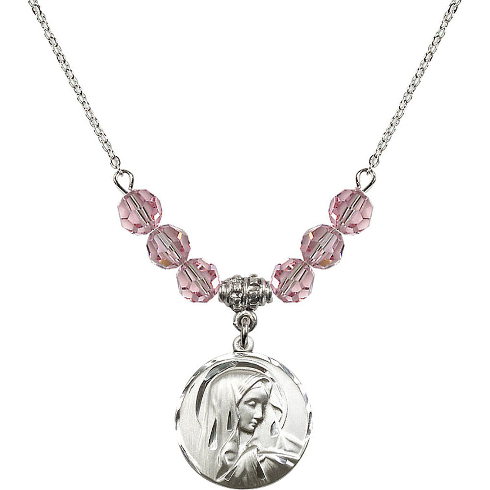 Sterling Silver Sorrowful Mother Birthstone Necklace with Light Rose Beads - 4249