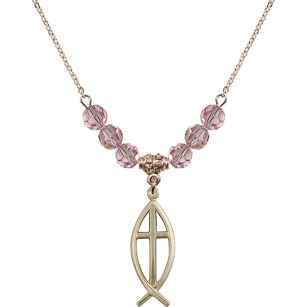 14kt Gold Filled Fish / Cross Birthstone Necklace with Light Rose Beads - 4252