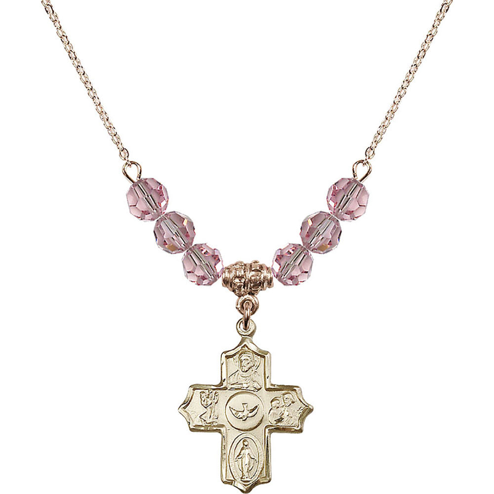 14kt Gold Filled 5-Way Birthstone Necklace with Light Rose Beads - 4255