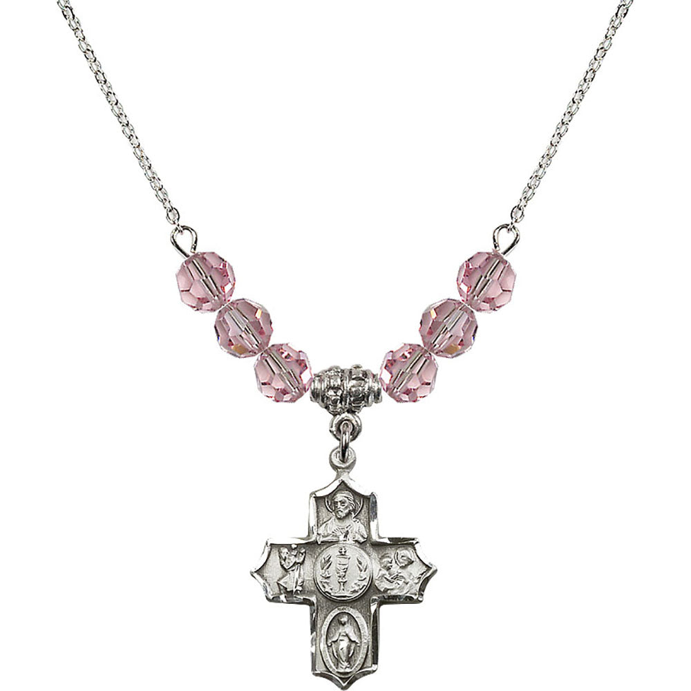 Sterling Silver 4-Way Birthstone Necklace with Light Rose Beads - 4256