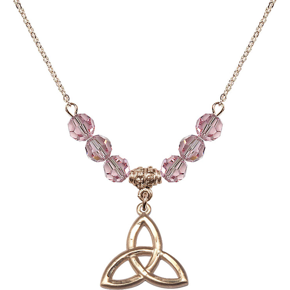 14kt Gold Filled Trinity Irish Knot Birthstone Necklace with Light Rose Beads - 5101