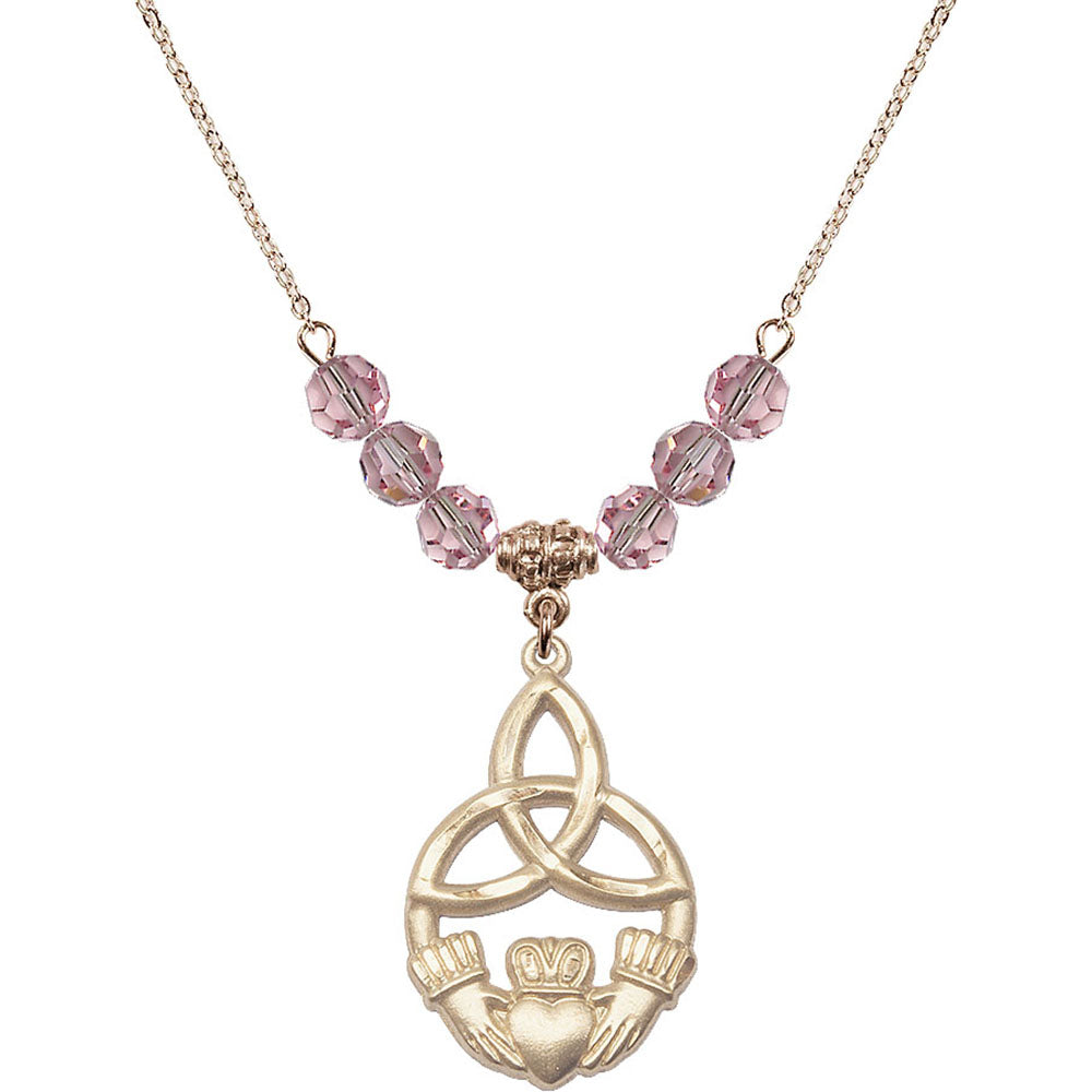 14kt Gold Filled Irish Knot / Claddagh Birthstone Necklace with Light Rose Beads - 5102