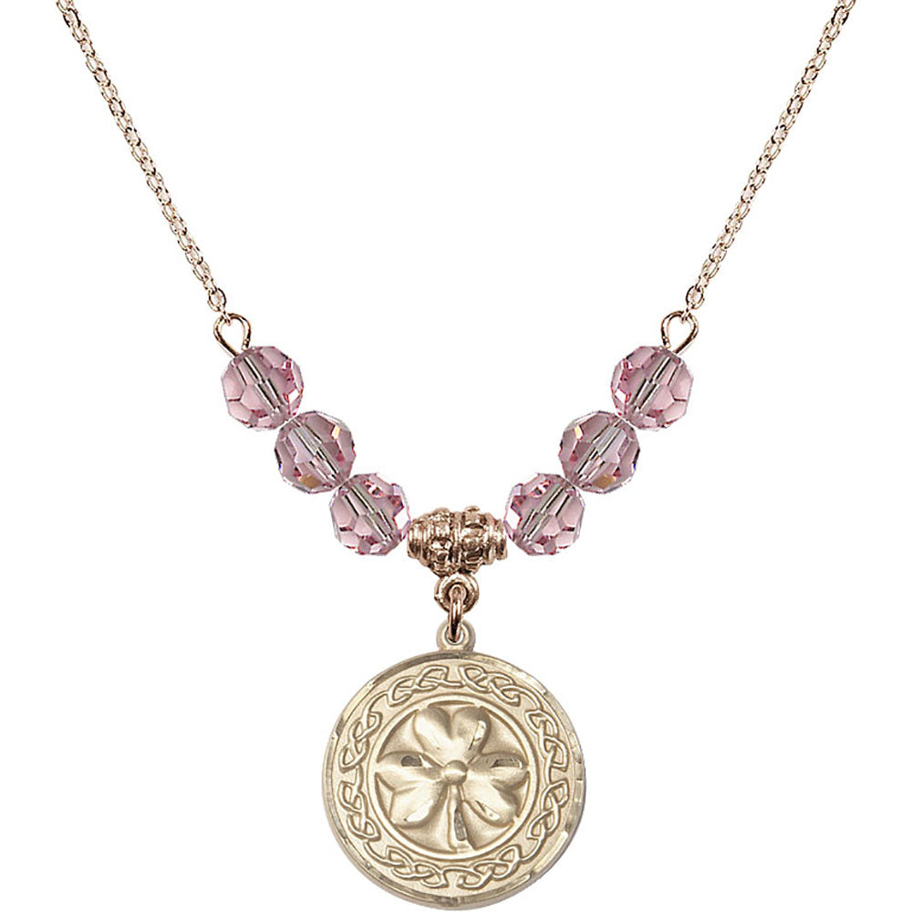 14kt Gold Filled Shamrock w/ Celtic Border Birthstone Necklace with Light Rose Beads - 5106