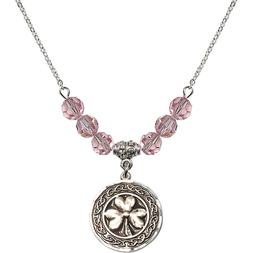 Sterling Silver Shamrock w/ Celtic Border Birthstone Necklace with Light Rose Beads - 5106