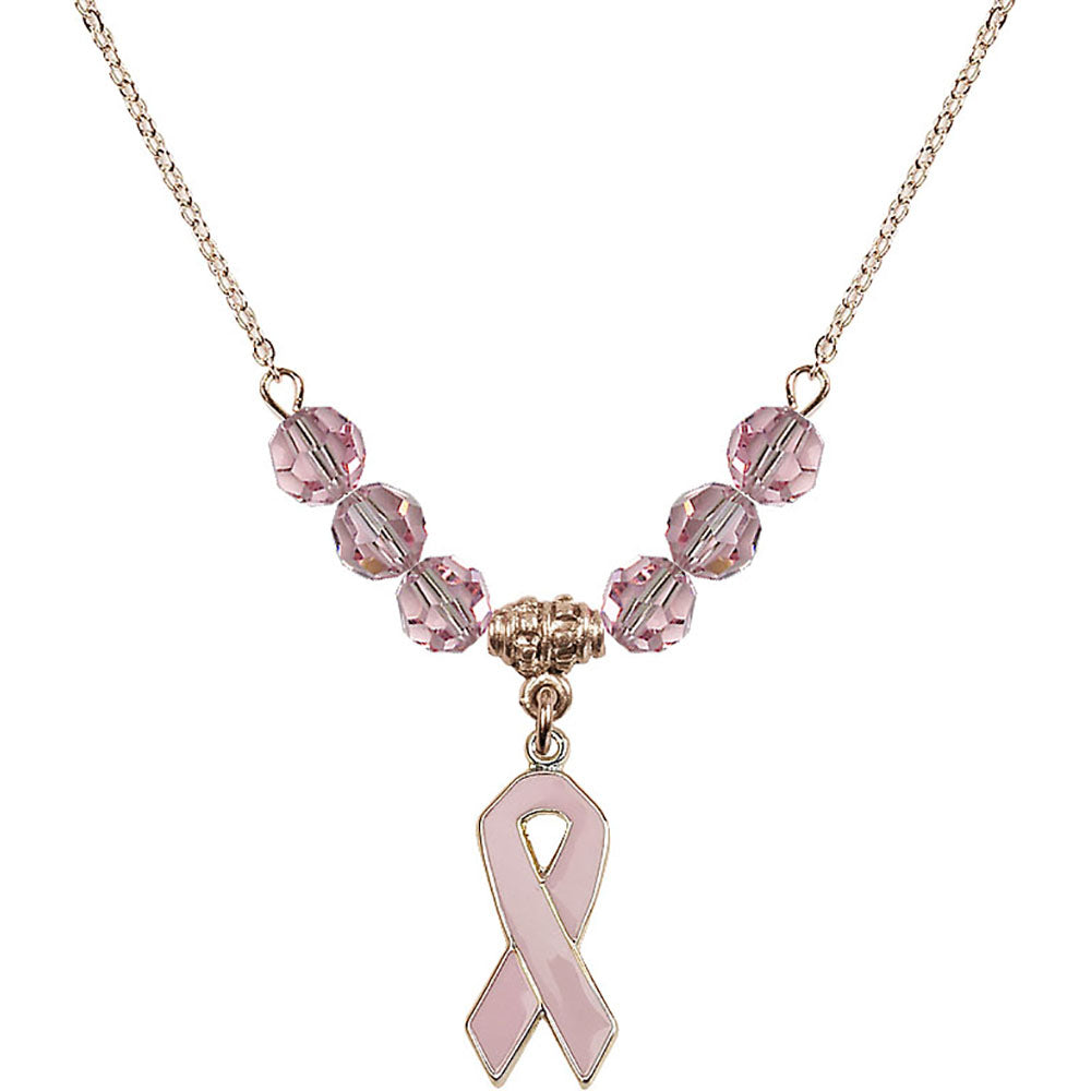 14kt Gold Filled Cancer Awareness Birthstone Necklace with Light Rose Beads - 5151