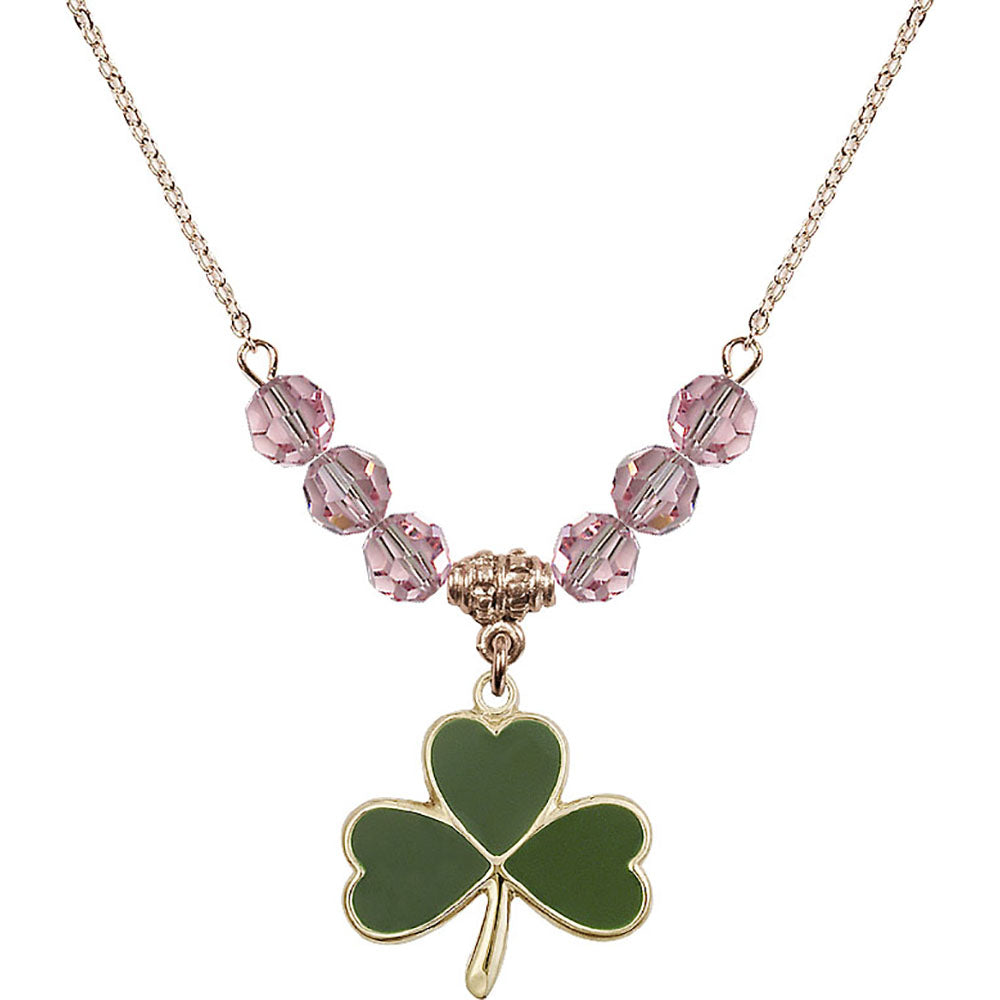 14kt Gold Filled Shamrock Birthstone Necklace with Light Rose Beads - 5248