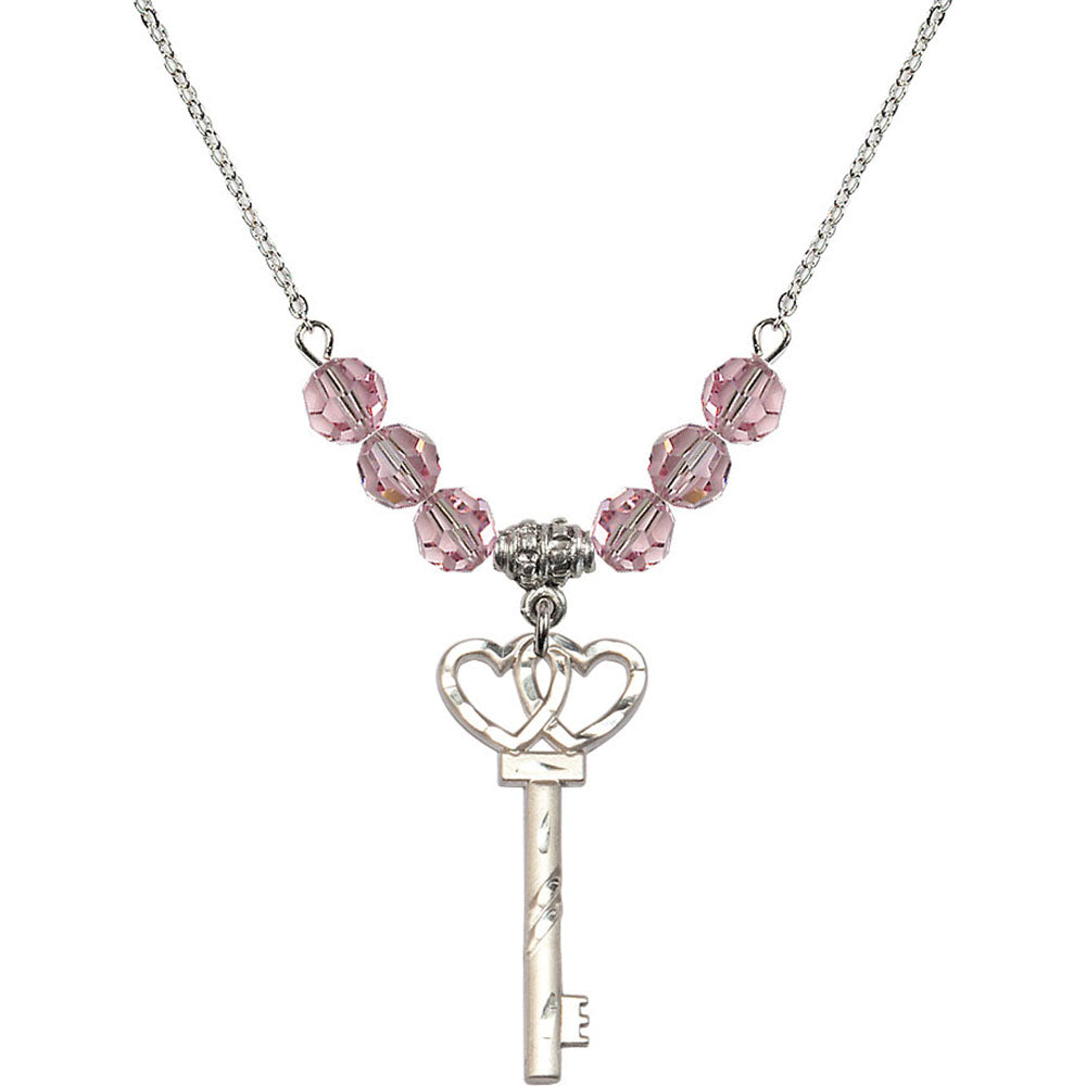Sterling Silver Small Key w/Double Hearts Birthstone Necklace with Light Rose Beads - 6213