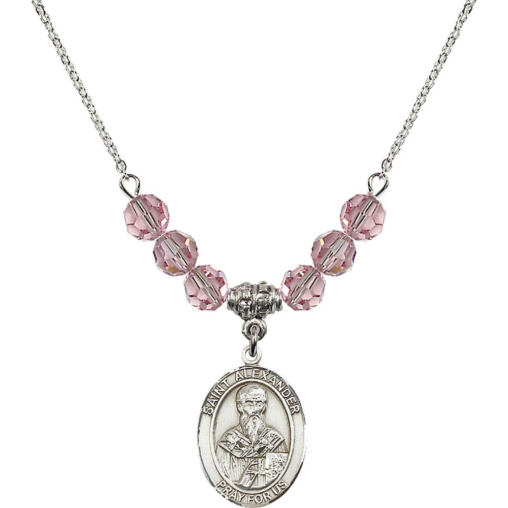 Sterling Silver Saint Alexander Sauli Birthstone Necklace with Light Rose Beads - 8012