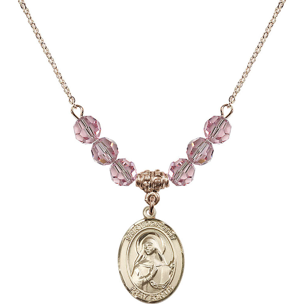 14kt Gold Filled Saint Dorothy Birthstone Necklace with Light Rose Beads - 8023